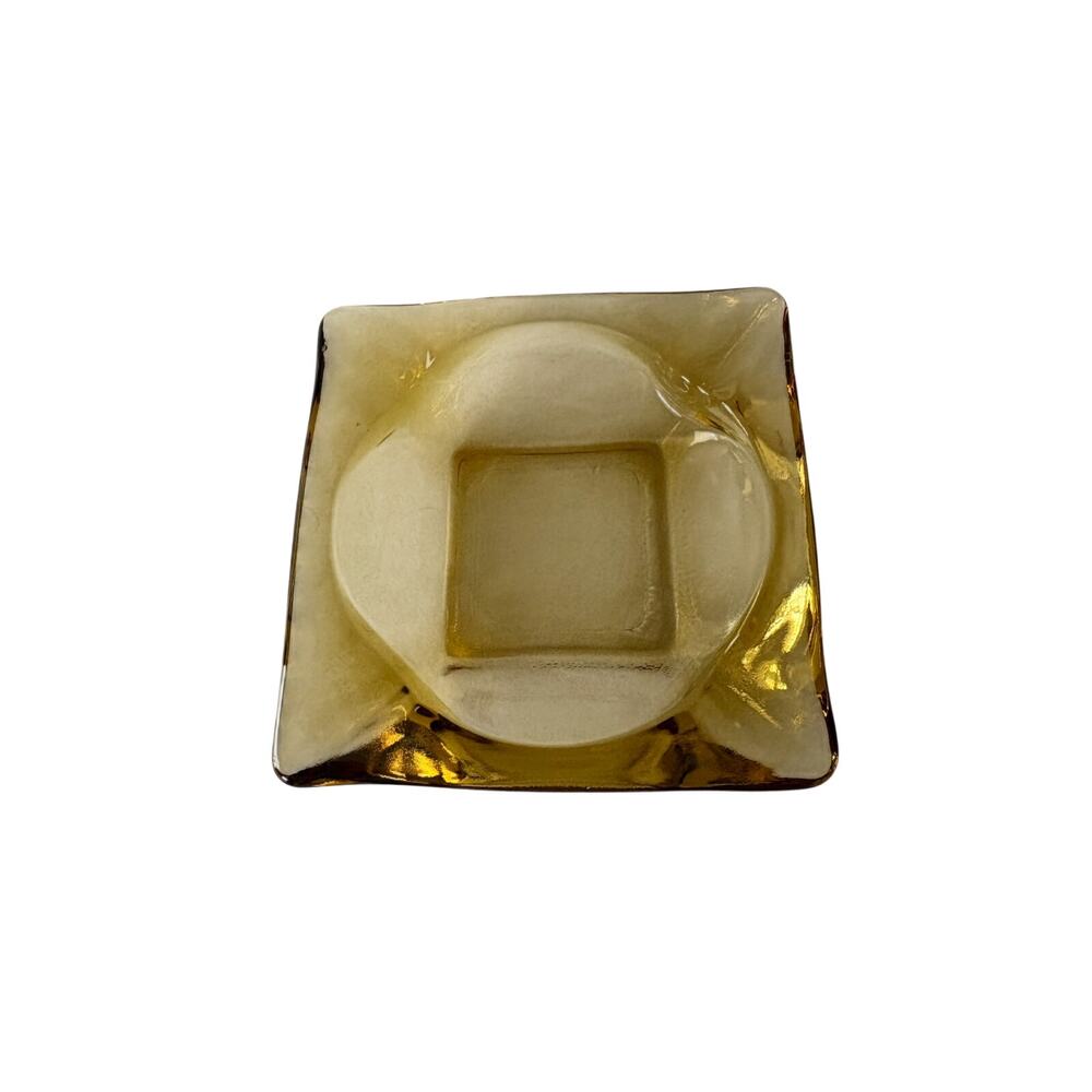Vintage Amber Glass Ashtray 4.5” Square MCM Mid Century Retro